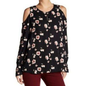 Pleione Womens Blouse Floral Cold Shoulder Keyhole